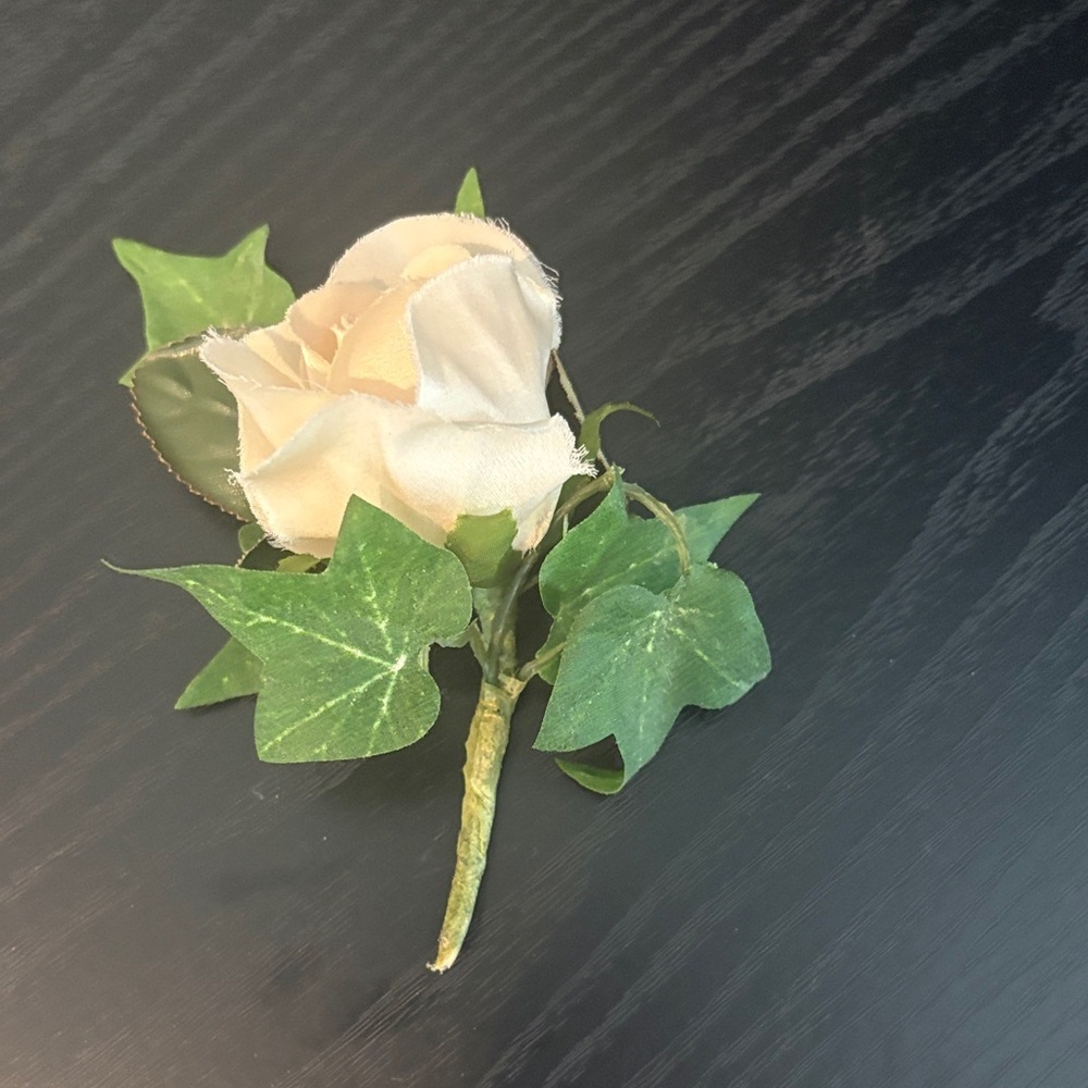 Cream Colored Silk Rose Boutonniere with Green Leaves